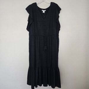 Lucky Brand Black Flutter Sleeves V-Neck Tiered Midi Dress Size 2X
